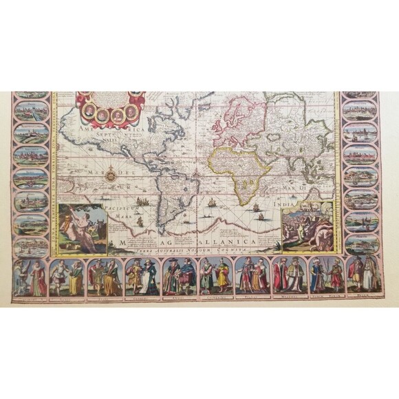 World Map by Jansson 1632 Mid Century Repro Donald Art Co 11"x14"Paper On Board - Picture 6 of 6